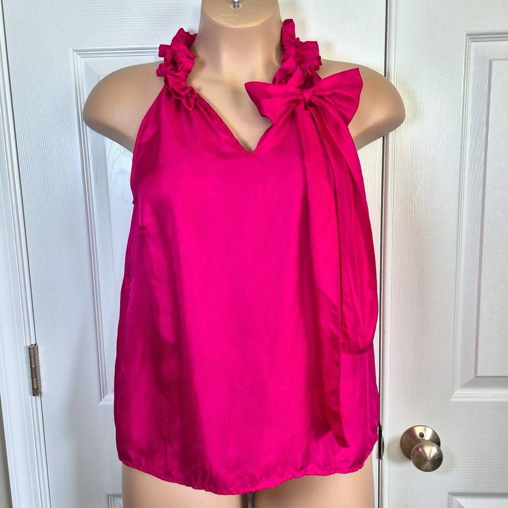 Marina Luna magenta pink sleeveless‎ flowy silk top with bow womens large